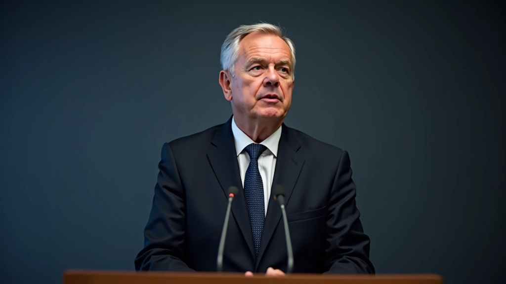 Zentralbankpräsident in Anzug bei Pressekonferenz, Mikrofone vor ihm, professionelle Kulisse