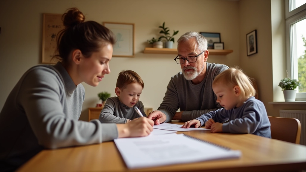 Familie sitzt zusammen am Esstisch mit Rechnungen und Budget-Planer, diskutiert Haushaltsbudget