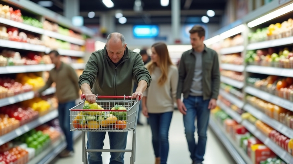 Familie beim Einkaufen im Supermarkt, zeigt Budget-bewusstes Verhalten