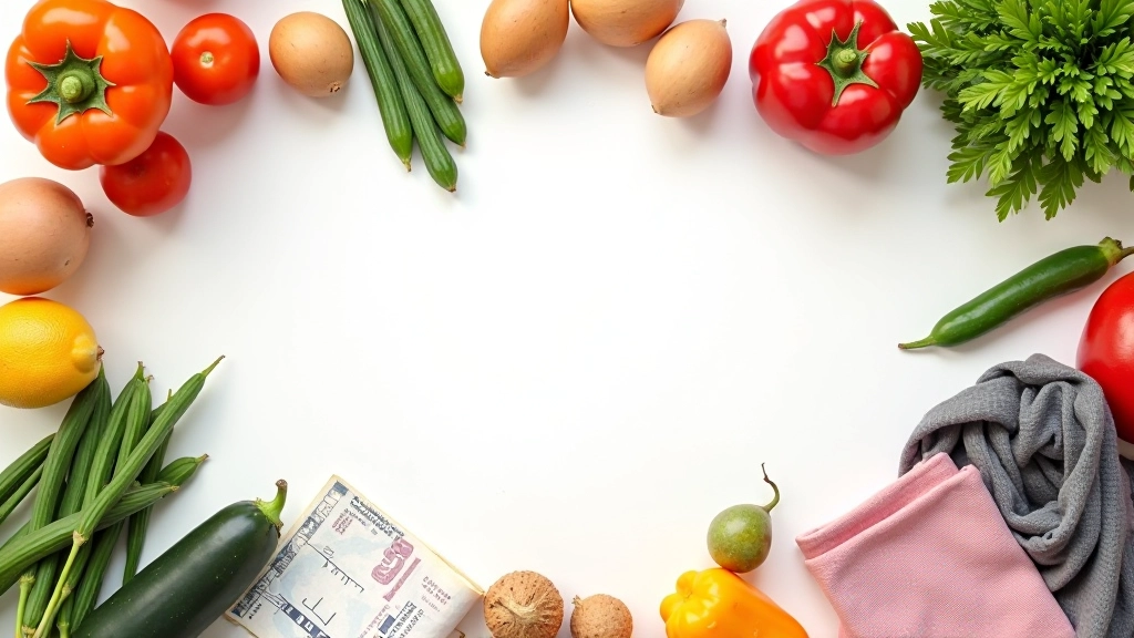 Verschiedene Produktkategorien: Lebensmittel, Kleidung, Energierechnung und Haushaltswaren nebeneinander