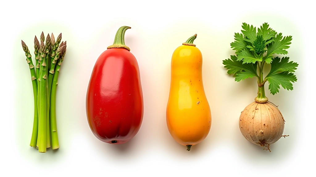 Vier Jahreszeiten dargestellt mit typischen Produkten: Frühling mit Spargel, Sommer mit Erdbeeren, Herbst mit Kürbissen, Winter mit Wurzelgemüse