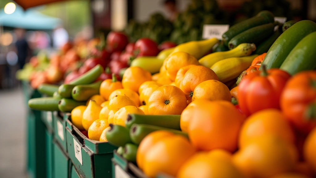Gemüsestand auf Wochenmarkt mit saisonalen Produkten, Obst und Gemüse