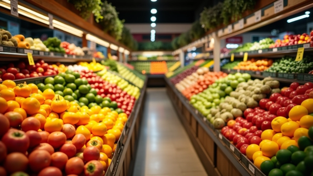 Lebensmittelmarkt mit verschiedenen Obst- und Gemüsesorten, die Preisetiketten zeigen
