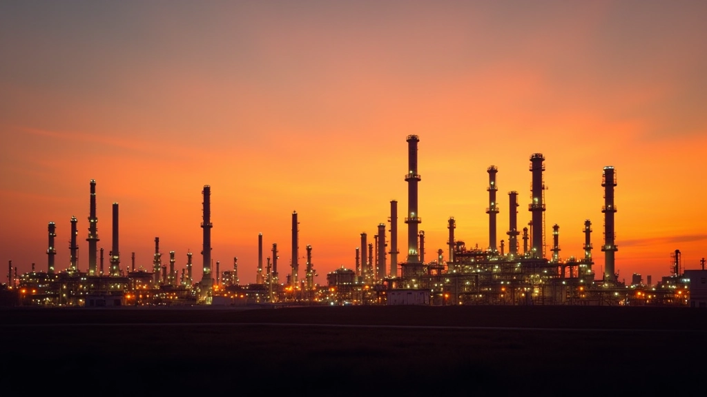 Ölraffinerie bei Sonnenuntergang, Energieproduktion und Rohölverarbeitung