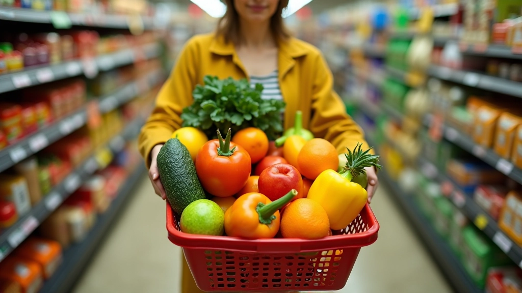 Lebensmittel-Einkauf im Supermarkt zeigt verschiedene Kategorien von Produkten mit Preisschildern