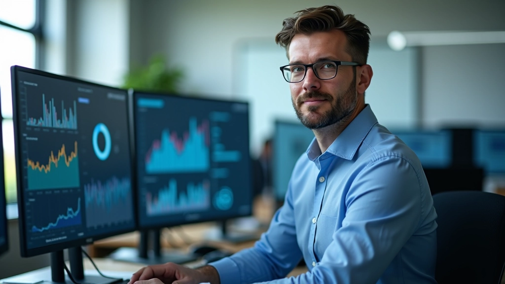 Statistiker analysiert Inflationsdaten auf mehreren Bildschirmen in modernem Büro mit Grafiken und Diagrammen