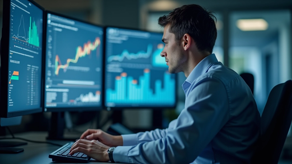 Statistiker bei der Arbeit mit Daten, Laptop und Diagramme auf Schreibtisch