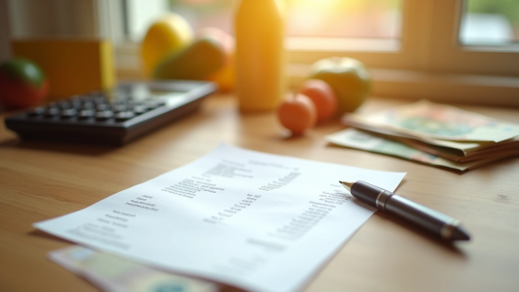 Lebensmittel und Energiekosten auf Einkaufsrechnung, Taschenrechner und Geldscheine auf Holztisch