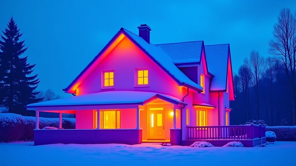 Wärmewärmebildaufnahme eines Hauses im Winter, Energieeffizienz und Heizwärmeverluste